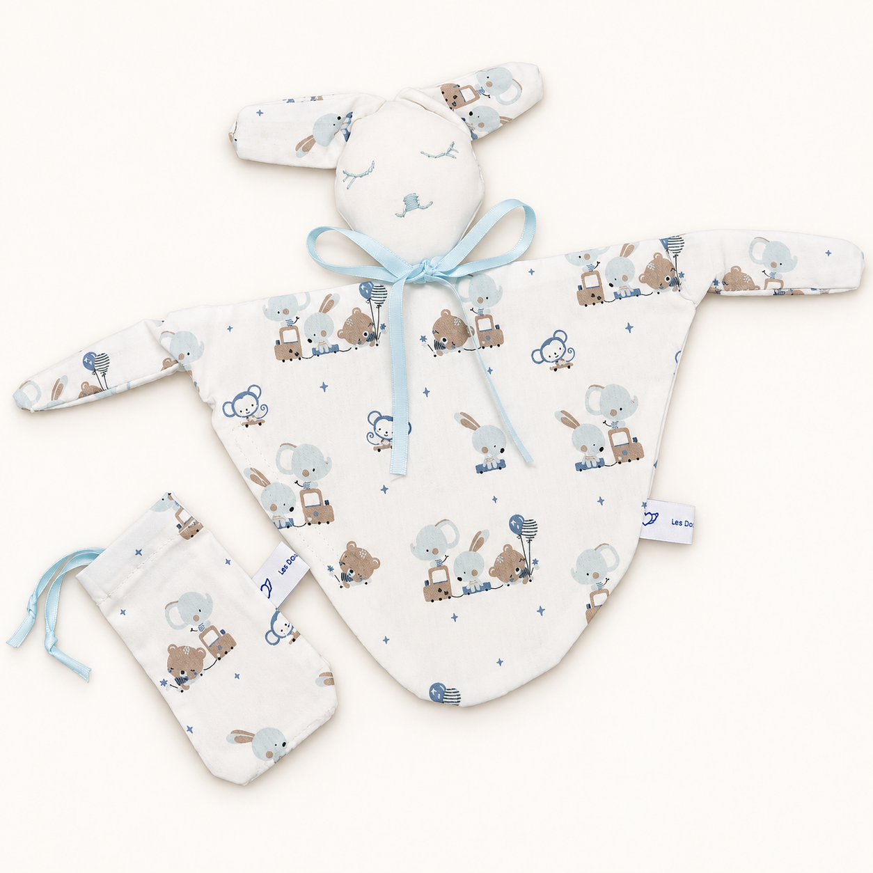 Doudou et petit pochon Petits animaux sur fond crème